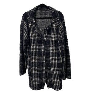 PAPILLON CARDIGAN SWEATER SIZE M BLACK WHITE CHECK PLAID LONG WARM COZY POCKETS